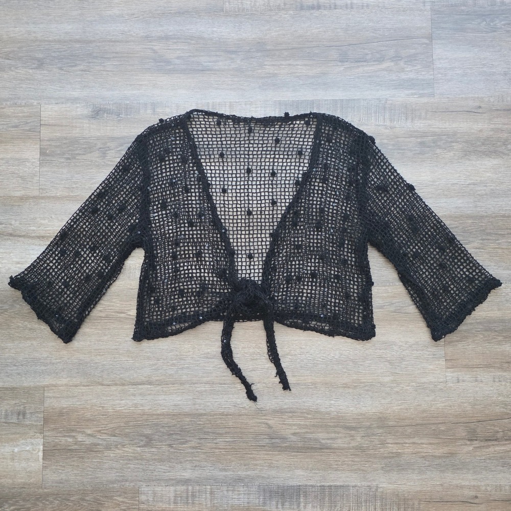 Black Sequin Mesh Tie Front Shrug Women Whimsygoth Witchy M/L <3